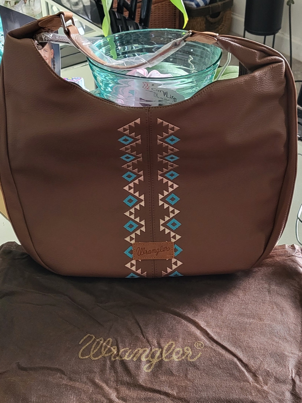 Wrangler Brown Shoulder Bag with Turquoise and Cream Embroidery